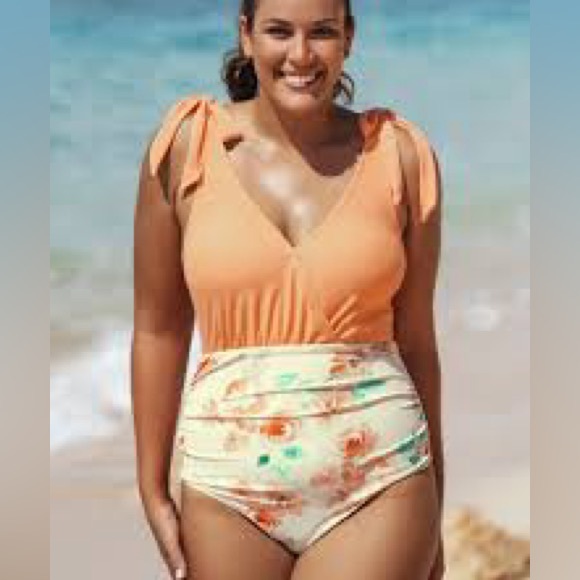 NWT NIP Cupshe orange and floral bathing suit SIZE:OX - Picture 2 of 8